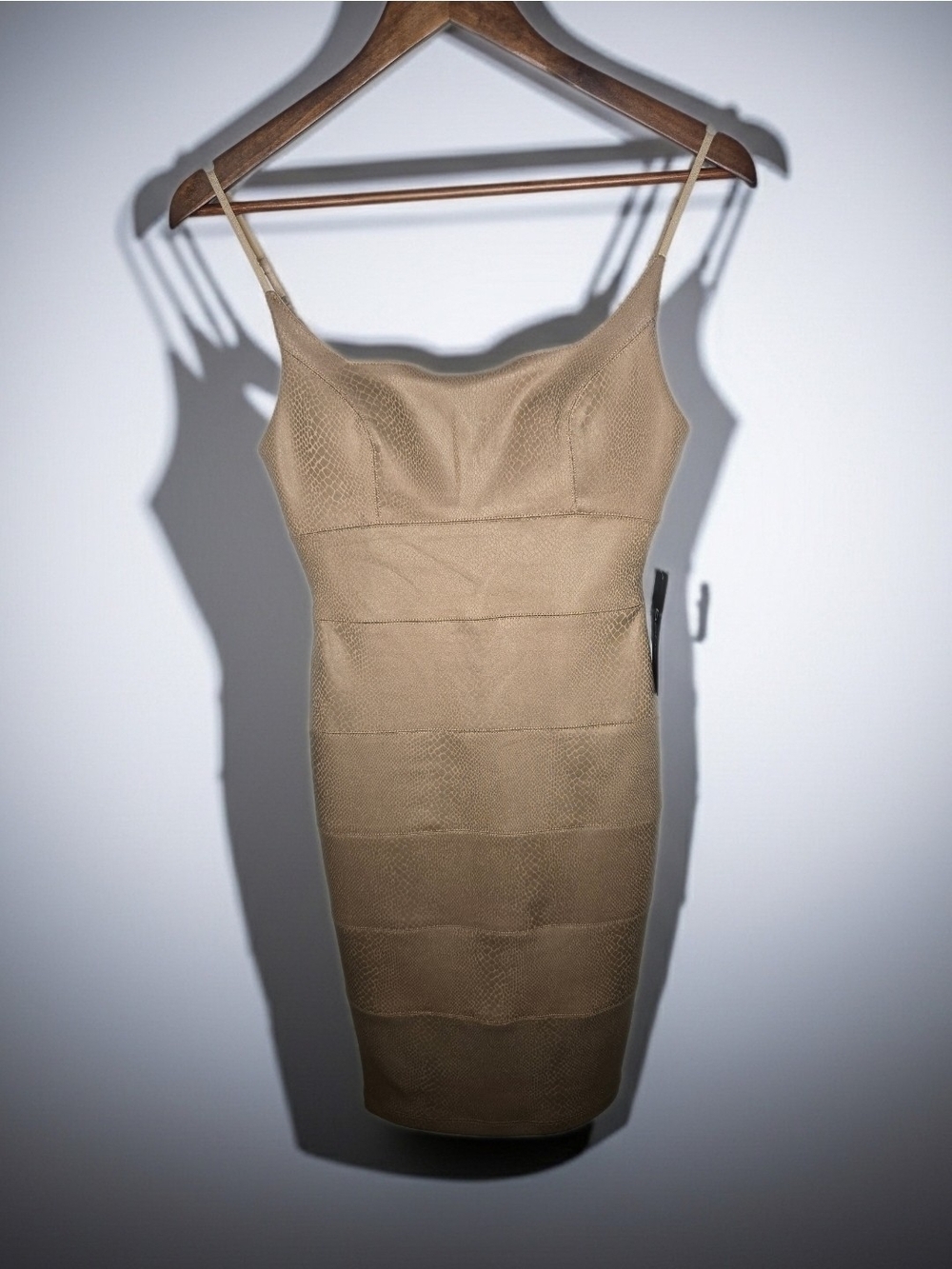 NWT Bebe Tan Snakeskin Bandage Bodycon Mini Dress Textured Beige Taupe Python XS